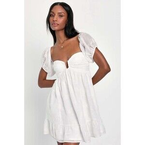 Lulus Cutest Icon Dress White Mini Embroidered Off the Shoulder Size S NWOT
